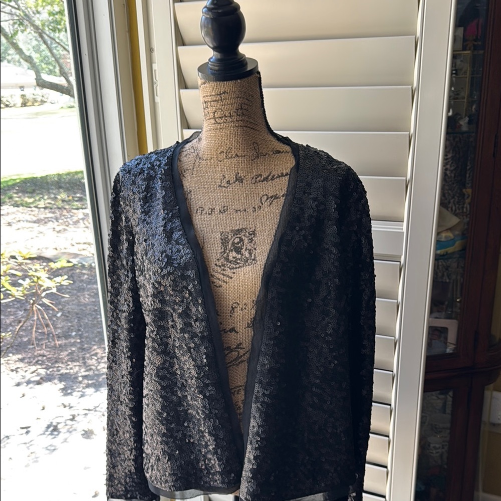 Black sequins jacket from
Talbots with sheer edge trim.